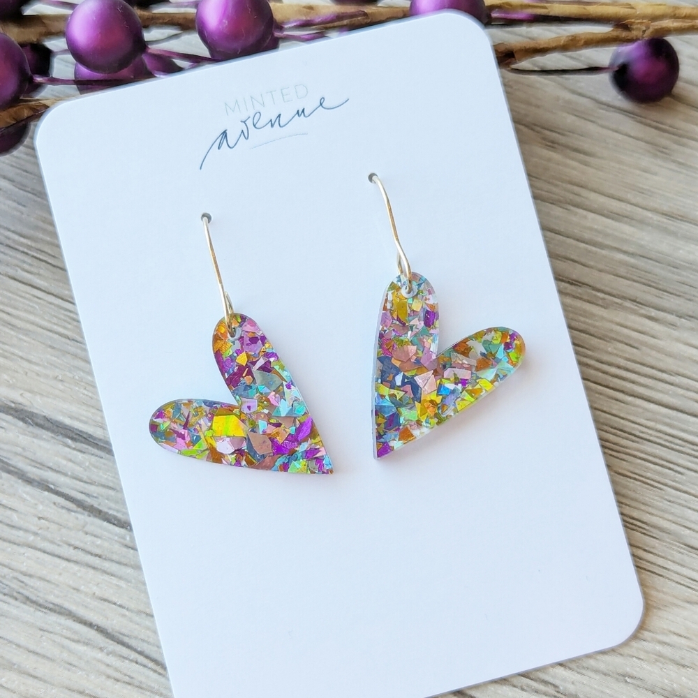 Acrylic Confetti Heart Earrings, Chunky Flakey Glitter Hearts